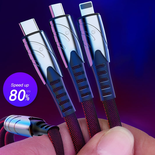 K051 1.2m 3 in 1 USB to 8 Pin + USB-C / Type-C + Micro USB Shark Fabric Data Cable(Red) by buy2fix