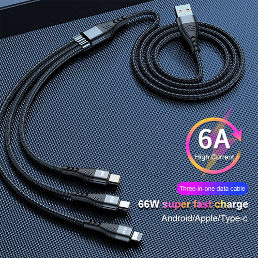 ADC-138 66W 3 in 1 USB to 8 Pin + Micro USB + USB-C / Type-C Fast Charging Braided Data Cable, Cable Length: 1.2m(Black) by buy2fix