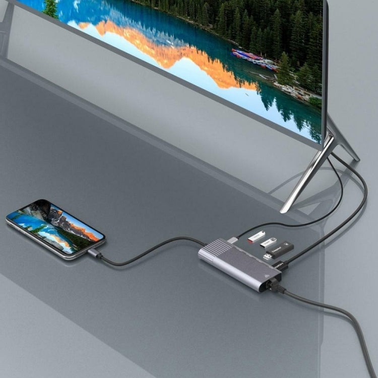 6 in 1 USB 2.0 x 3 + HDMI + RJ45 + 8 Pin Female Charging Port to 8 Pin Male Multi-function Dock Station Adapter by buy2fix