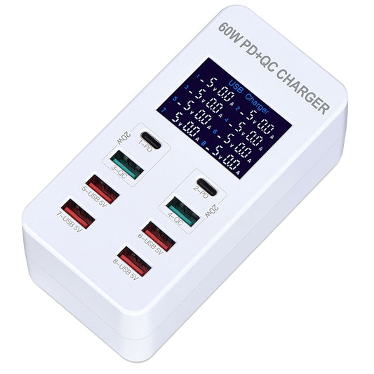 A8T 60W 8 Ports USB + QC3.0 + PD Type-C Smart Charging Station with Digital Display AC100-240V, UK Plug by buy2fix