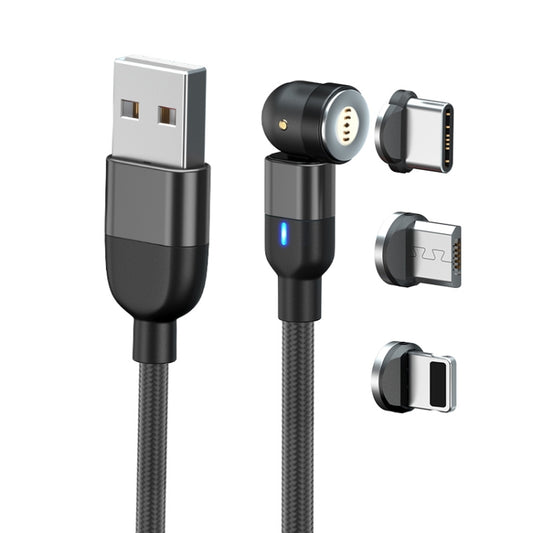 2m 3A Output 3 in 1 USB to 8 Pin + USB-C / Type-C + Micro USB 540 Degree Rotating Magnetic Data Sync Charging Cable(Black) by buy2fix