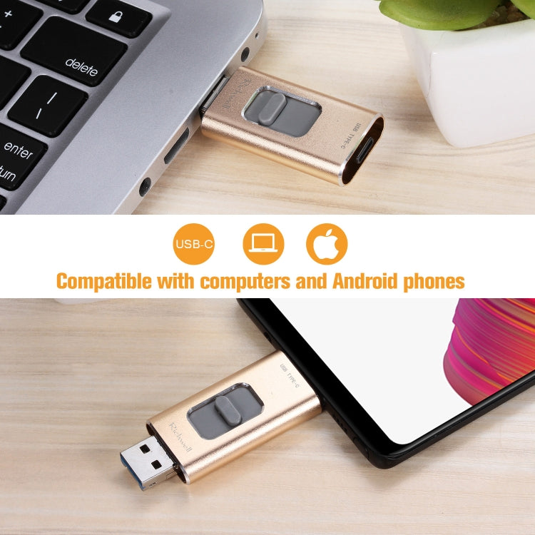 Richwell 3 in 1 128G Type-C + 8 Pin + USB 3.0 Metal Push-pull Flash Disk with OTG Function(Gold) by Richwell