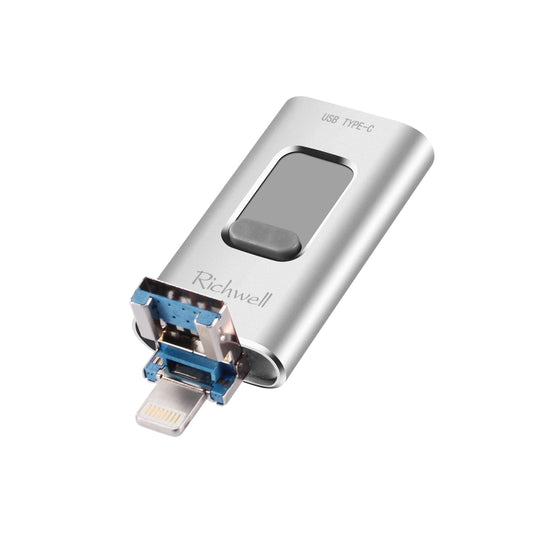 Richwell 3 in 1 128G Type-C + 8 Pin + USB 3.0 Metal Push-pull Flash Disk with OTG Function(Silver) by Richwell