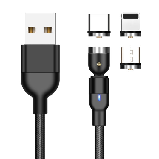1m 2A Output 3 in 1 USB to 8 Pin + USB-C / Type-C + Micro USB Nylon Braided Rotate Magnetic Charging Cable (Black) by buy2fix