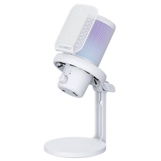 FEELWORLD VM1 USB Condenser Gaming Microphone for Streaming Noise Cancellation Mute RGB Light Desktop Stand (White) - Microphone by FEELWORLD | Online Shopping UK | buy2fix