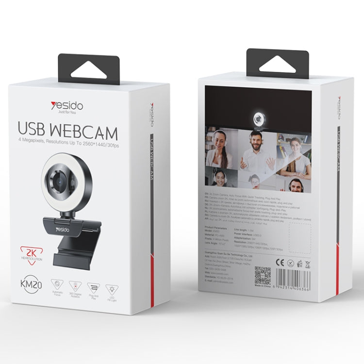 Yesido KM20 2K Zoom 4.0MP HD USB Webcam, Cable Length 1.5m with Fill Light by Yesido