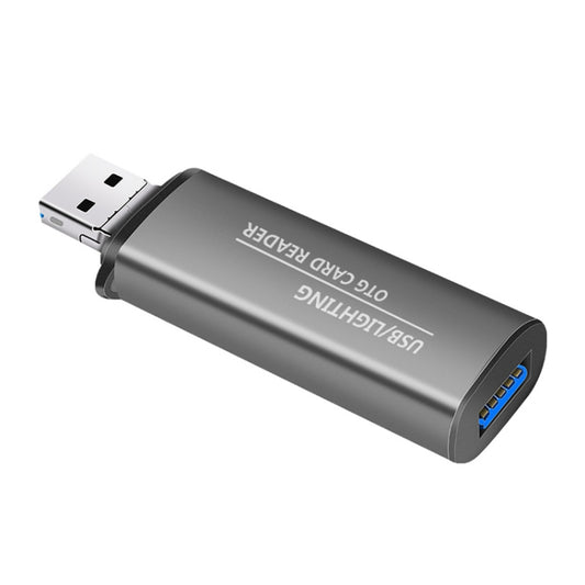 118 2 in 1 USB + 8 Pin Interfaces USB Flash Disk / Memory Card OTG Card Reader for IOS System Mobile Phone / Computer (Dark Gray) by buy2fix