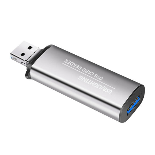 118 2 in 1 USB + 8 Pin Interfaces USB Flash Disk / Memory Card OTG Card Reader for IOS System Mobile Phone / Computer (Light Grey) by buy2fix