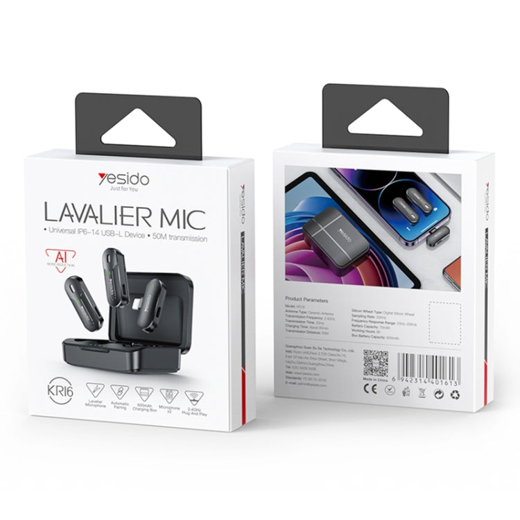 YESIDO KR16 2 in 1 Wireless Lavalier Microphone 8 Pin Receiver with Charging Box by Yesido