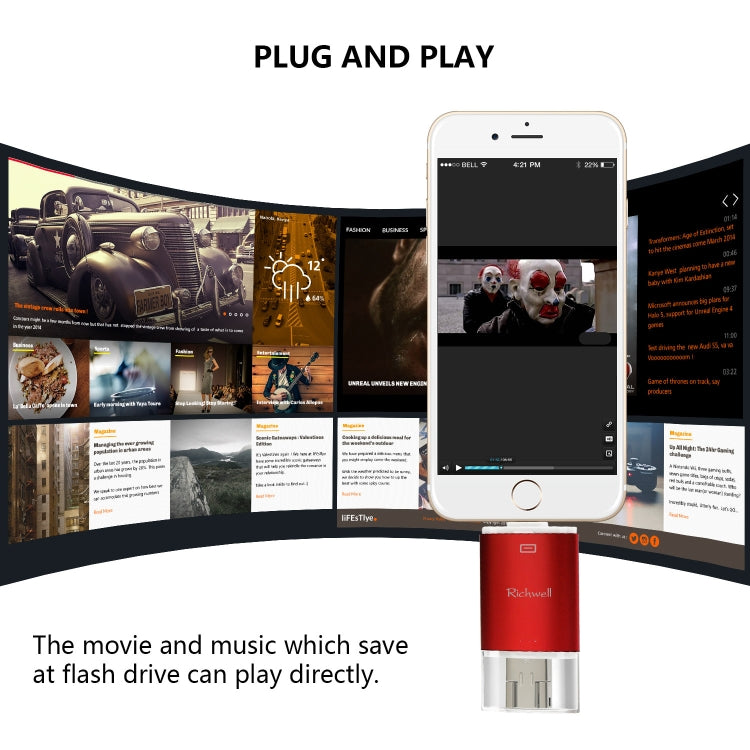 Richwell 3 in 1 64G Type-C + 8 Pin + USB 3.0 Metal Double Cover Push-pull Flash Disk with OTG Function(Black) by Richwell