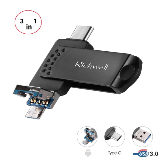 Richwell 3 in 1 16G Type-C + Micro USB + USB 3.0 Metal Flash Disk with OTG Function(Black) by Richwell