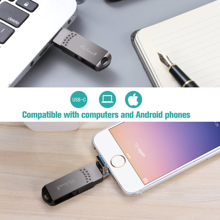 Richwell 32G Type-C + 8 Pin + USB 3.0 Metal Flash Disk with OTG Function(Black) by Richwell