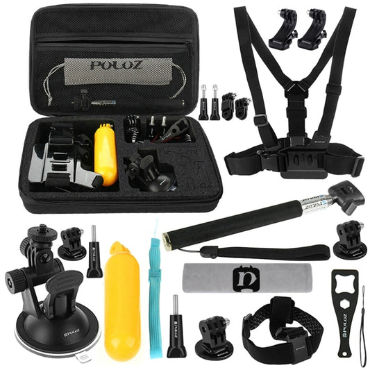 PULUZ 20 in 1 Accessories Combo Kits with EVA Case (Chest Strap + Head Strap + Suction Cup Mount + 3-Way Pivot Arm + J-Hook Buckles + Extendable Monopod + Tripod Adapter + Bobber Hand Grip + Storage B ... for GoPro, Insta360, DJI and Other Action Cameras by PULUZ