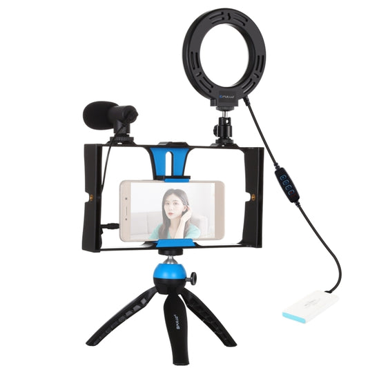 PULUZ 4 in 1 Vlogging Live Broadcast Smartphone Video Rig + 4.7 inch 12cm Ring LED Selfie Light Kits with Microphone + Tripod Mount + Cold Shoe Tripod Head for iPhone, Galaxy, Huawei, Xiaomi, HTC, LG, Google, and Other Smartphones(Blue) by PULUZ