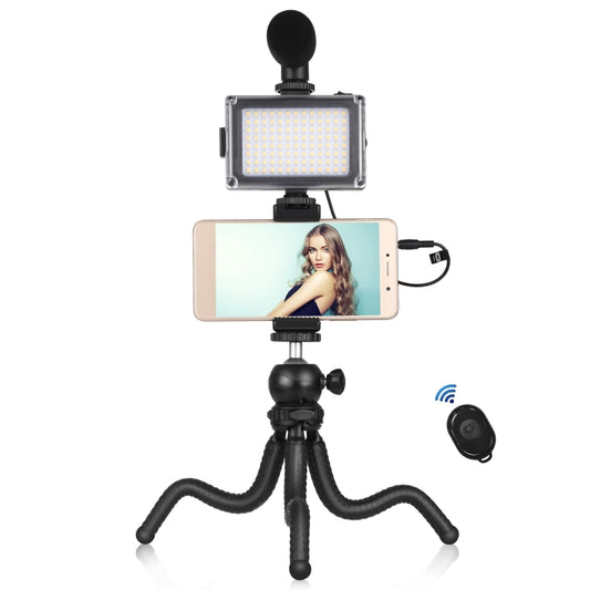 PULUZ 4 in 1 Vlogging Live Mini Octopus Bracket Kit + Studio Light + Microphone + Phone Clamp Kits(Black) by PULUZ