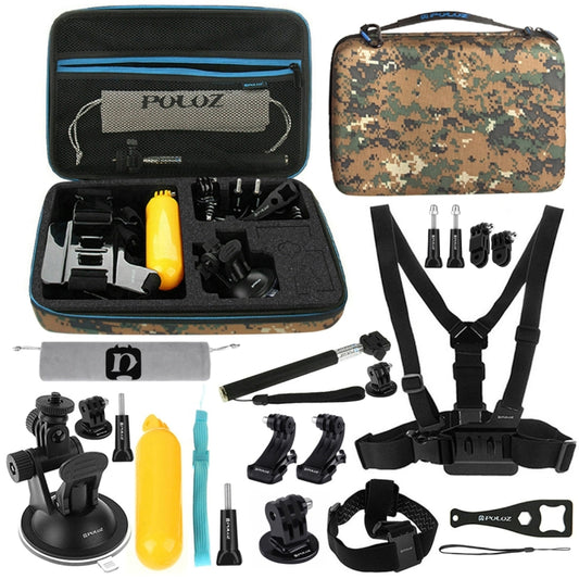 PULUZ 20 in 1 Accessories Combo Kit with Camouflage EVA Case (Chest Strap + Head Strap + Suction Cup Mount + 3-Way Pivot Arm + J-Hook Buckles + Extendable Monopod + Tripod Adapter + Bobber Hand Grip + ... for GoPro, Insta360, DJI and Other Action Cameras by PULUZ