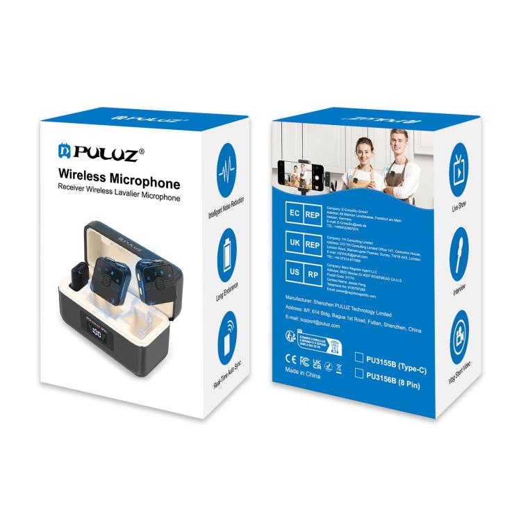 PULUZ Magnetic Lavalier Wireless Microphone with Charging Case Box, Type-C RX Receiver and 2 TX Microphones (Black) - Microphone by PULUZ | Online Shopping UK | buy2fix