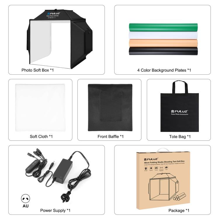 PULUZ 40cm Folding 72W 5500K Studio Shooting Tent Soft Box Photography Lighting Kit with 4 Colors (Black, Orange, White, Green) Backdrops(AU Plug) by PULUZ