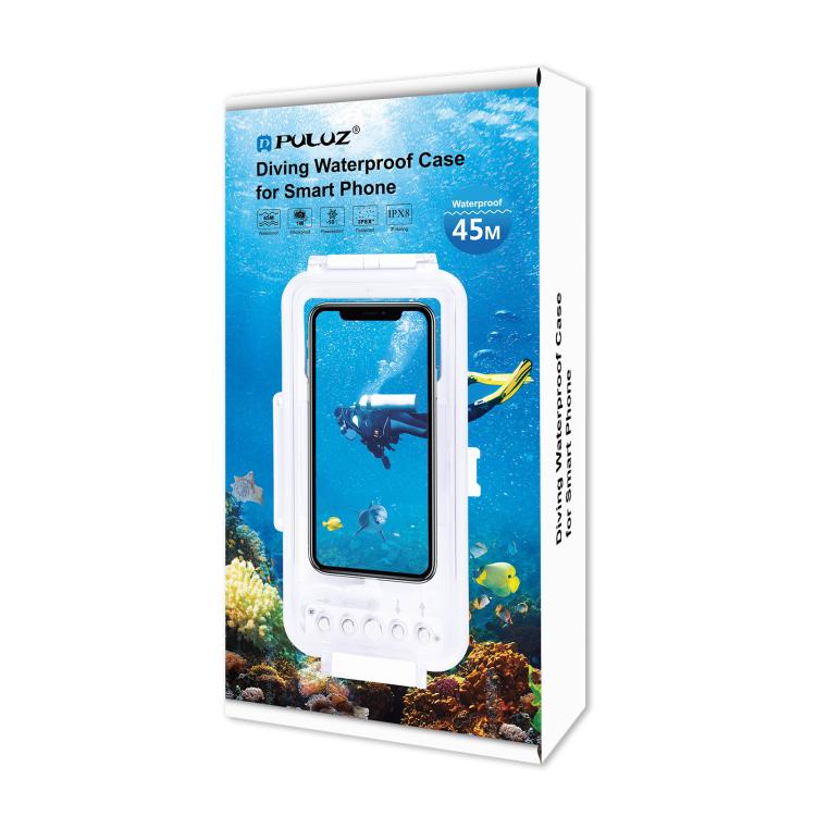 PULUZ 45m/147ft Waterproof Diving Case Photo Video Taking Underwater Housing Cover for iPhone 14 Series, iPhone 13 Series, iPhone 12 Series, iPhone 11 Series, iPhone X Series, iPhone 8 & 7, iPhone 6s, iOS 13.0 or Above Version iPhone(White) by PULUZ