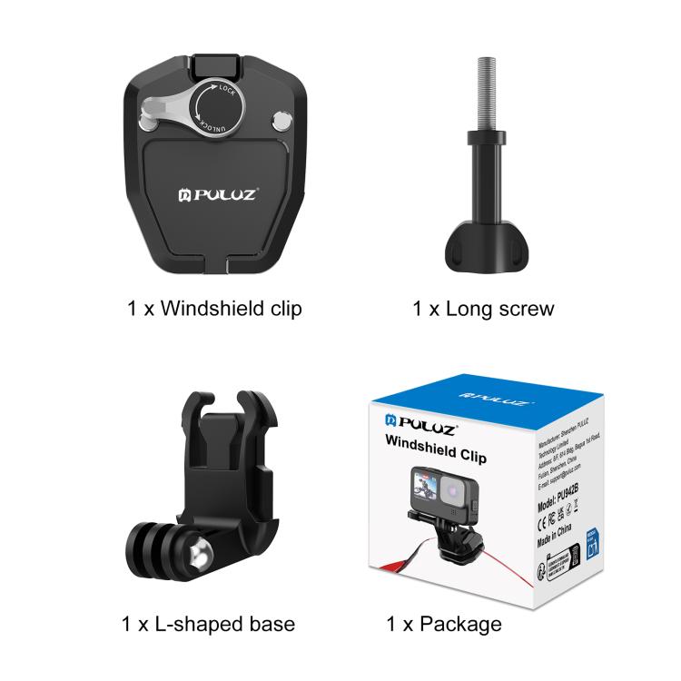 PULUZ Motorcycle Windshield Action Camera Mount Clip for GoPro Hero12 Black / DJI Osmo Action 4 / Insta360 X4 / Ace Pro and Other Action Cameras (Black) by PULUZ