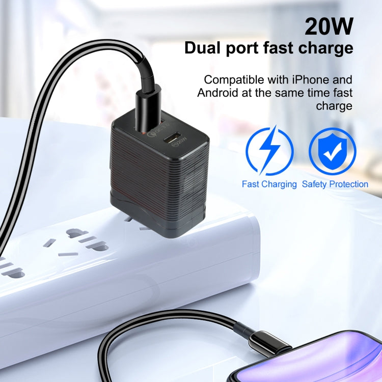 LZ-728 QC 3.0 USB + PD 20W USB-C / Type-C Fast Travel Charger, US Plug (Black) by buy2fix
