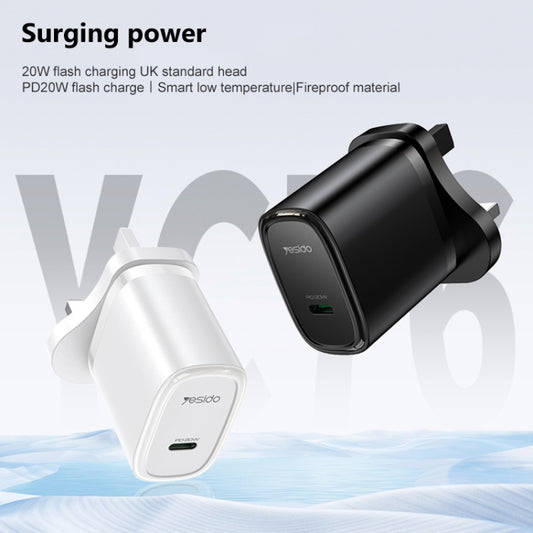 Yesido YC76BL PD 20W USB-C / Type-C Port Quick Charger with Type-C to 8 Pin Cable, UK Plug (Black) by Yesido