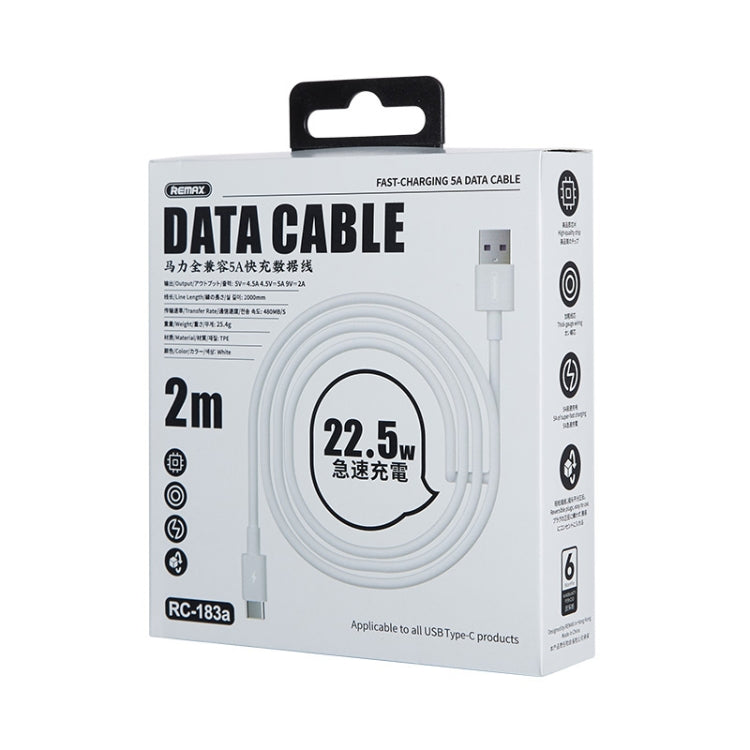 REMAX Marlik Series RC-183a 22.5W 5A USB to USB-C / Type-C Interface Fully Compatible Fast Charging Data Cable, Cable Length: 2m (White) by REMAX