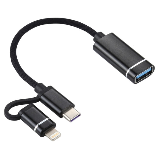 USB 3.0 Female to 8 Pin + USB-C / Type-C Male Charging + Transmission OTG Nylon Braided Adapter Cable, Cable Length: 11cm(Black) by buy2fix