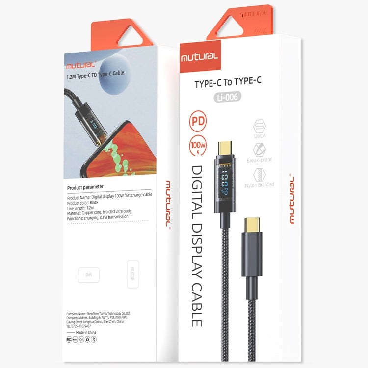 Mutural Li-CC006 1.2m 100W Transparent Digital Display USB-C / Type-C to Type-C Charging Data Cable by Mutural