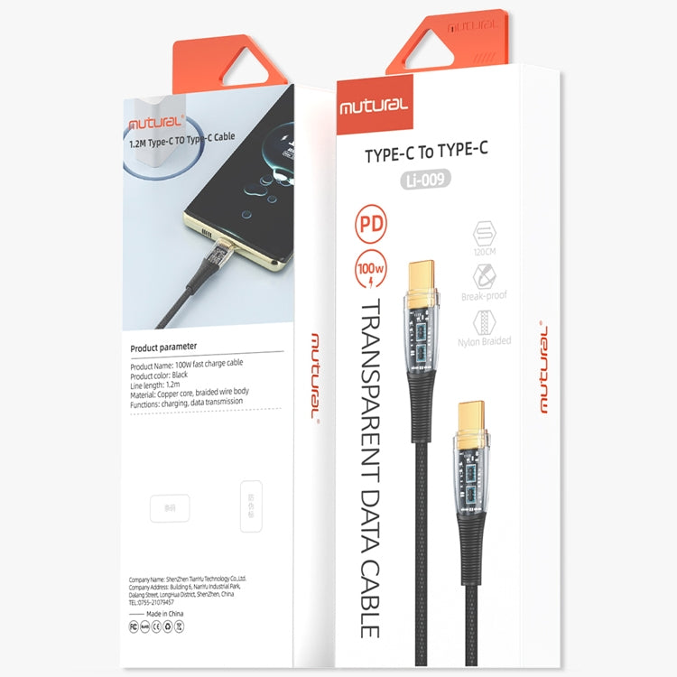 Mutural Li-CC009 1.2m 100W Transparent USB-C / Type-C to Type-C Charging Data Cable by Mutural