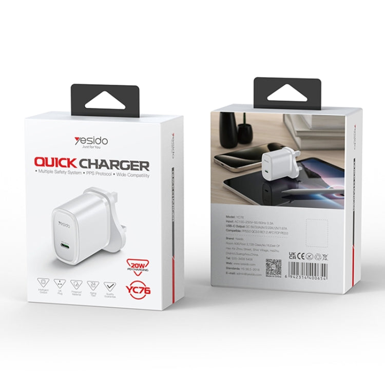 Yesido YC76C PD 20W USB-C / Type-C Port Quick Charger with Type-C to Type-C Cable, UK Plug (White) by Yesido