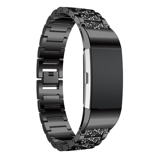 Diamond-studded Solid Stainless Steel Watch Band for Fitbit Charge 2(Black) by buy2fix