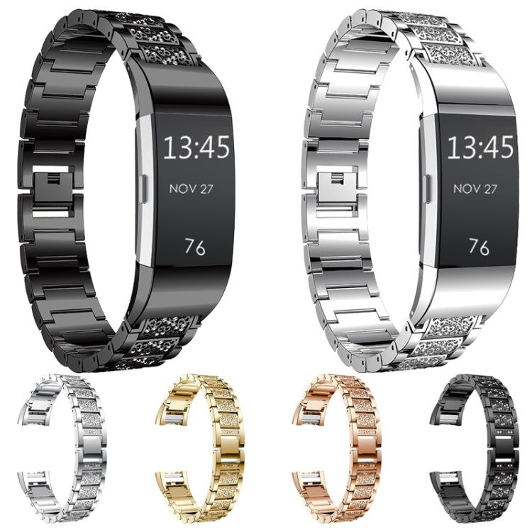 Diamond-studded Solid Stainless Steel Watch Band for Fitbit Charge 2(Rose Gold) by buy2fix