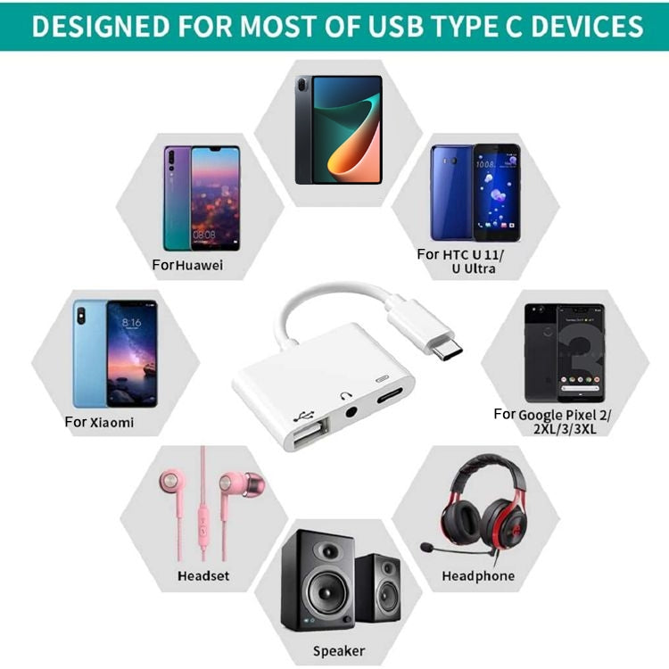 3 in 1 USB-C OTG Adapter with 3.5mm Headphone Jack, Compatible for iPad Pro and Type-C Jack Phone by buy2fix