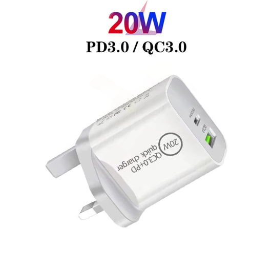 SDC-20WA+C 20W PD + QC 3.0 USB Dual Fast Charging Universal Travel Charger with Type-C / USB-C to 8 Pin Fast Charging Data Cable, UK Plug by buy2fix