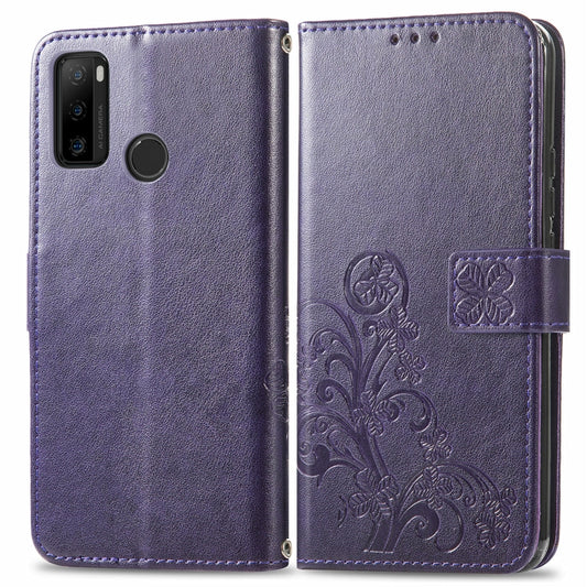 For Ulefone Note 10 Four-leaf Clasp Embossed Buckle Mobile Phone Protection Leather Case with Lanyard & Card Slot & Wallet & Bracket Function(Purple) by buy2fix