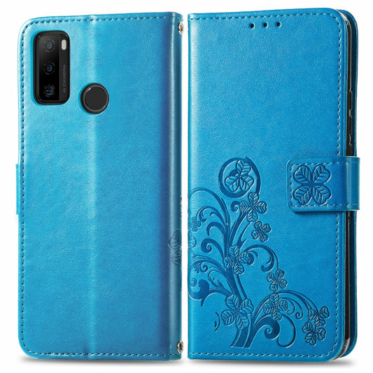 For Ulefone Note 10 Four-leaf Clasp Embossed Buckle Mobile Phone Protection Leather Case with Lanyard & Card Slot & Wallet & Bracket Function(Blue) by buy2fix