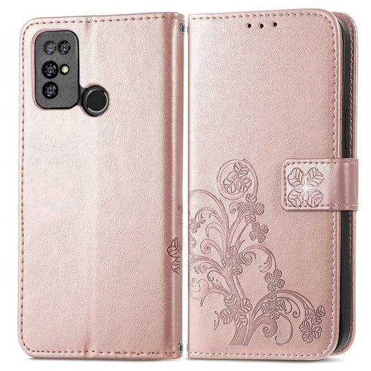 For Doogee X96 Pro Four-leaf Clasp Embossed Buckle Mobile Phone Protection Leather Case with Lanyard & Card Slot & Wallet & Bracket Function(Rose Gold) by buy2fix