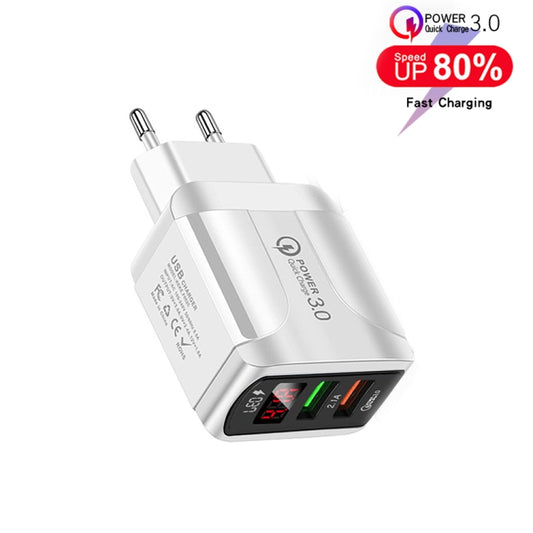 F002C QC3.0 USB + USB 2.0 LED Digital Display Fast Charger with USB to Micro USB Data Cable, EU Plug(White) by buy2fix