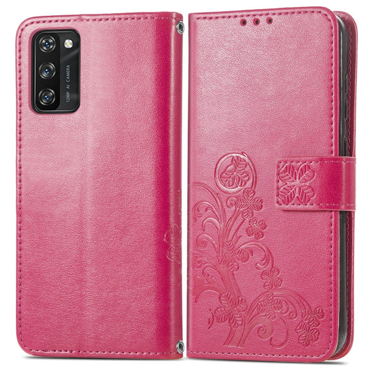 For Blackview A100 Four-leaf Clasp Embossed Buckle Mobile Phone Protection Leather Case with Lanyard & Card Slot & Wallet & Bracket Function(Magenta) by buy2fix