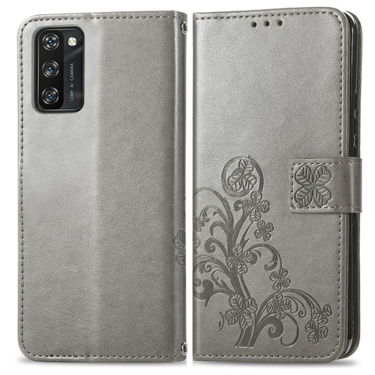 For Blackview A100 Four-leaf Clasp Embossed Buckle Mobile Phone Protection Leather Case with Lanyard & Card Slot & Wallet & Bracket Function(Grey) by buy2fix