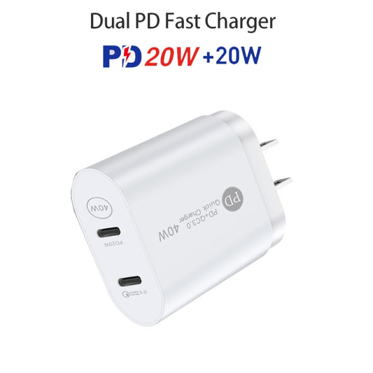 002 40W PD3.0 Dual Port USB-C / Type-C Charger with Type-C to Type-C Data Cable, US Plug(White) by buy2fix