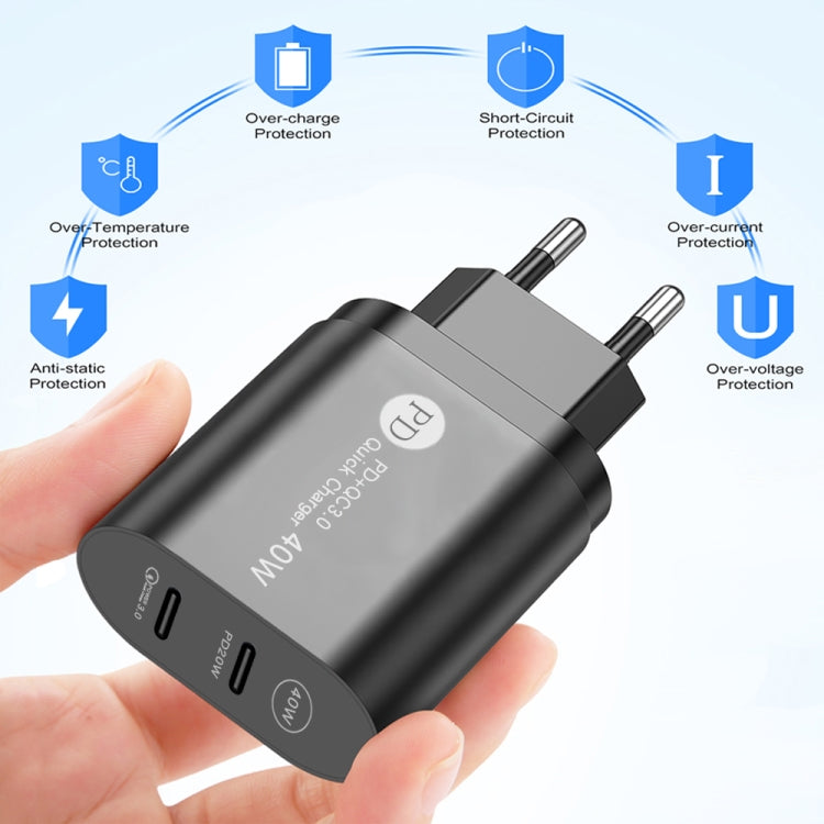 002 40W PD3.0 Dual Port USB-C / Type-C Charger with Type-C to Type-C Data Cable, EU Plug(Black) by buy2fix
