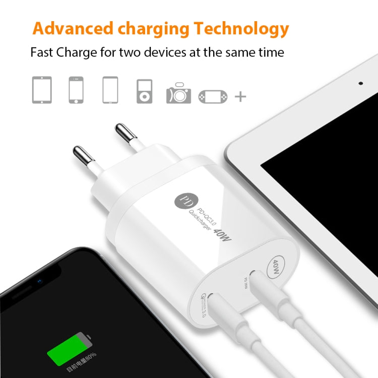 002 40W PD3.0 Dual Port USB-C / Type-C Charger with Type-C to Type-C Data Cable, UK Plug(White) - USB Charger by buy2fix | Online Shopping UK | buy2fix