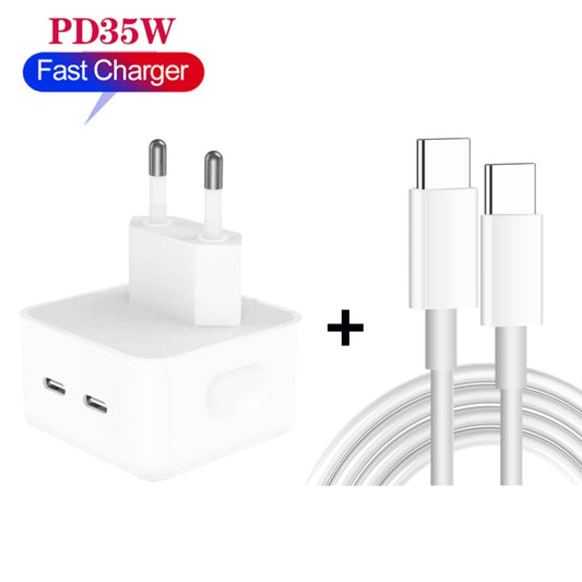 PD 35W Dual USB-C / Type-C Ports Charger with 2m Type-C to Type-C Data Cable, EU Plug by buy2fix