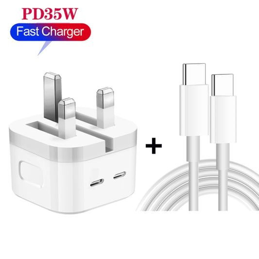 PD 35W Dual USB-C / Type-C Ports Charger with 1m Type-C to Type-C Data Cable, UK Plug by buy2fix