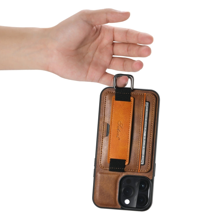 For iPhone 14 Suteni H13 Card Wallet Wrist Strap Holder PU Phone Case(Brown) - iPhone 14 Cases by Suteni | Online Shopping UK | buy2fix