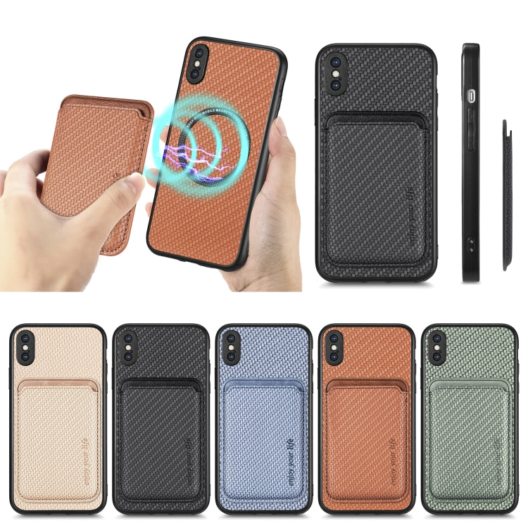 For iPhone XS Max Carbon Fiber Leather Card Magsafe Magnetic Phone Case(Khaki) by buy2fix
