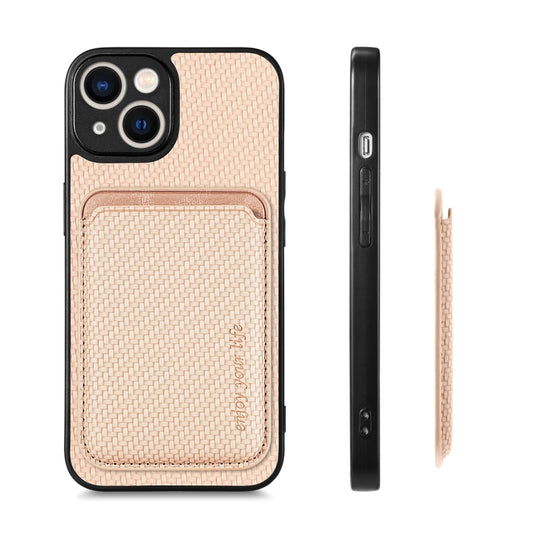 For iPhone 14 Carbon Fiber Leather Card Magsafe Magnetic Phone Case(Khaki) by buy2fix
