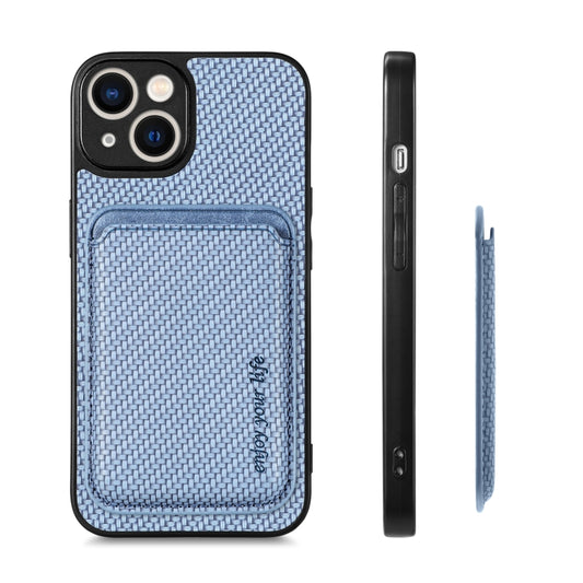 For iPhone 14 Plus Carbon Fiber Leather Card Magsafe Magnetic Phone Case(Blue) by buy2fix